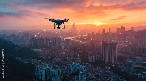 Advanced Drone Delivery Services, drones flying over bright, modern cityscapes in the soft light of morning #710128723