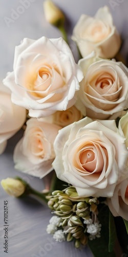 Bouquet of white roses on a wooden background. Close-up.