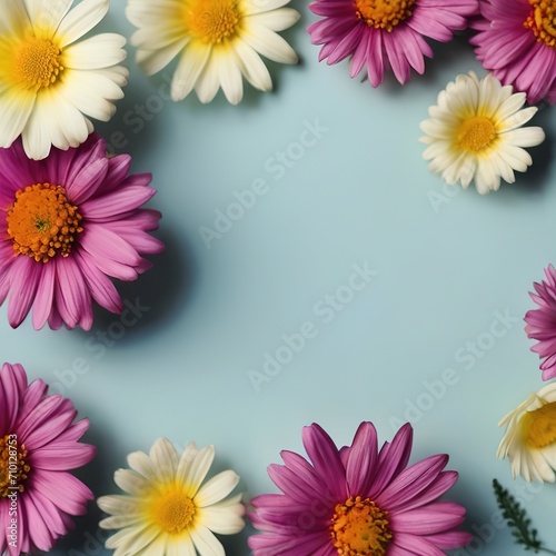 Floral frame with pink and white flowers on a light green background.Copy space.