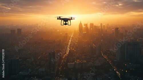 Advanced Drone Delivery Services, drones flying over bright, modern cityscapes in the soft light of morning