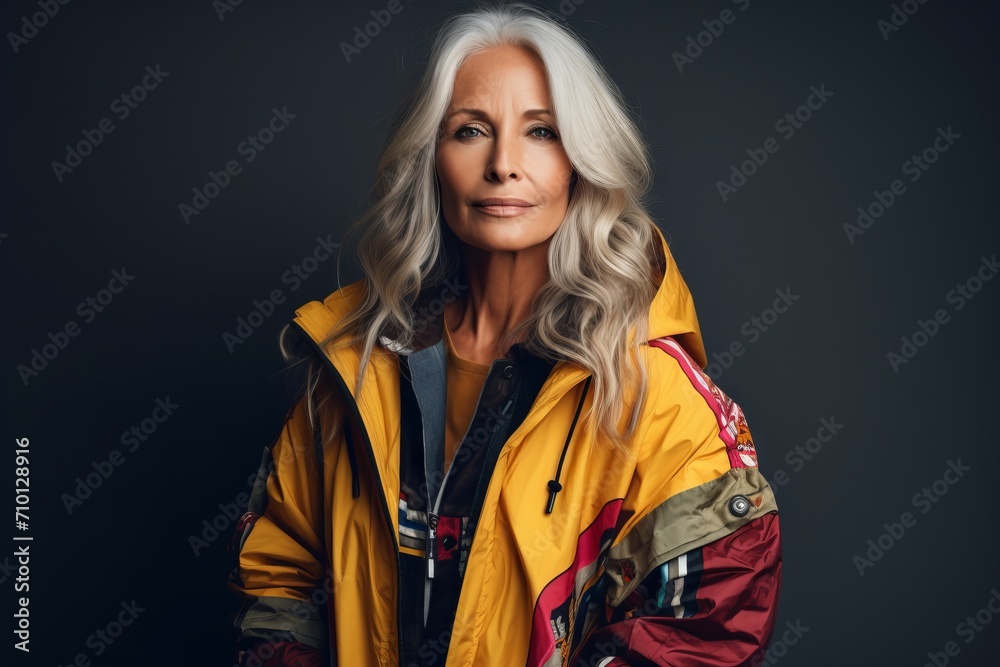 Portrait of a beautiful senior woman in a yellow jacket on a dark background. Portrait of a beautiful senior woman in a yellow jacket on a dark background.