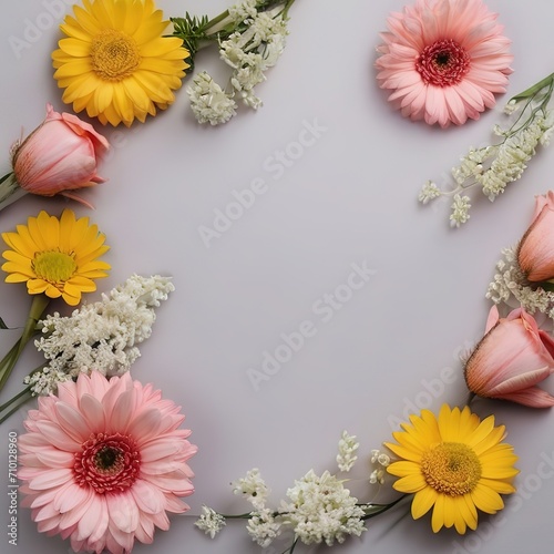 Flowers composition. Frame made of flowers on gray background. Flat lay, top view, copy space