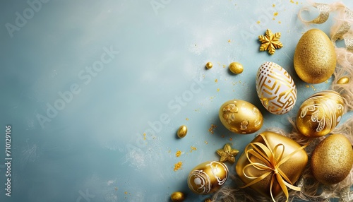 Light blue easter background with gift boxes and gold eggs, top view flat lay with empty space