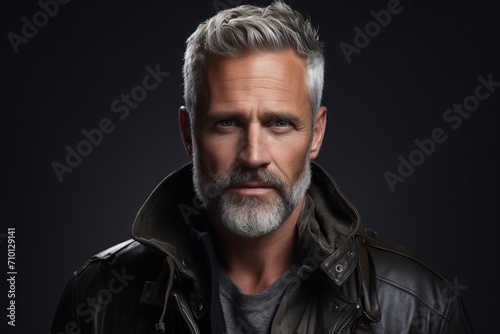 Portrait of a handsome mature man in leather jacket. Men's beauty, fashion. © Igor