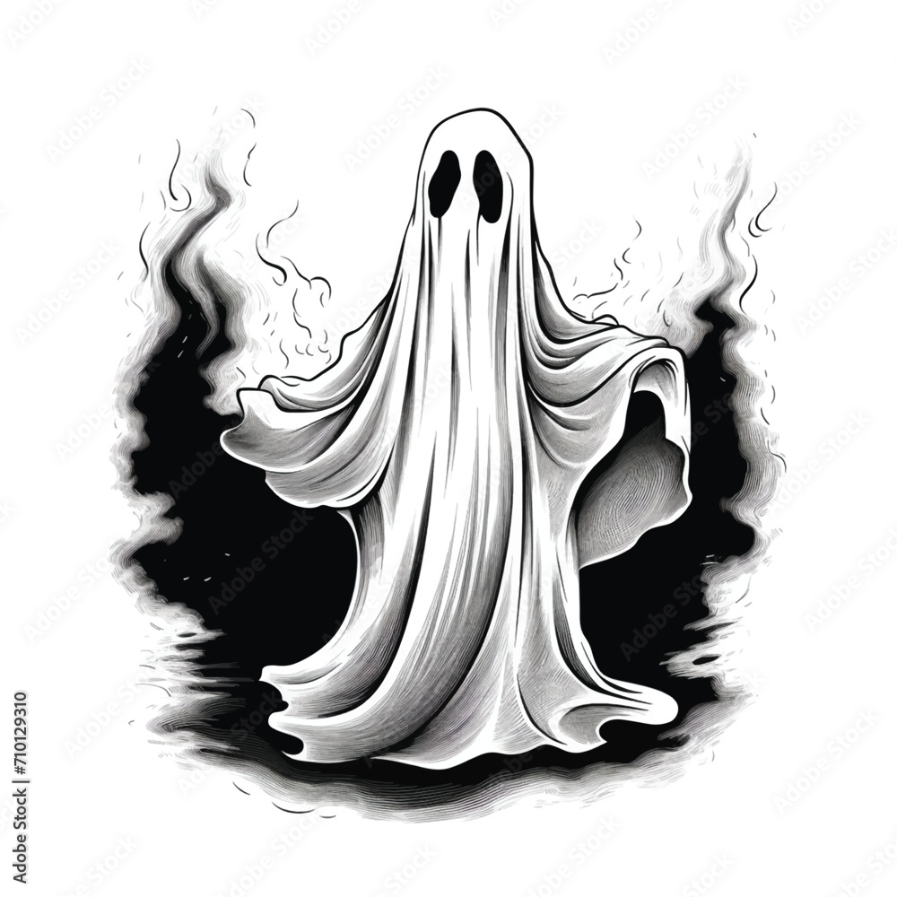 Hand-Drawn Halloween Ghost Floating in the Air Hand-Drawn Halloween Ghost Floating in the Air