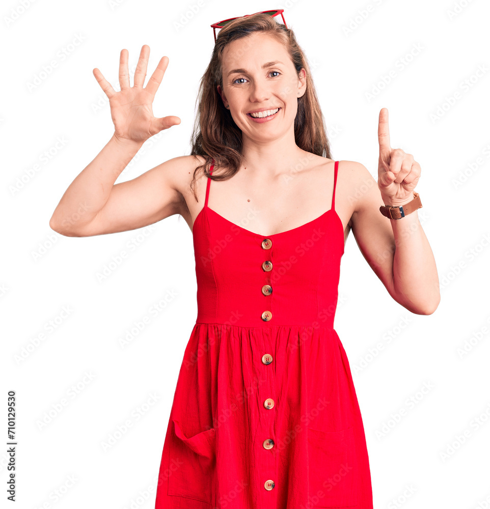 Young beautiful blonde woman wearing casual dress showing and pointing up with fingers number six while smiling confident and happy. Young beautiful blonde woman wearing casual dress showing and pointing up with fingers number six while smiling confident and happy.