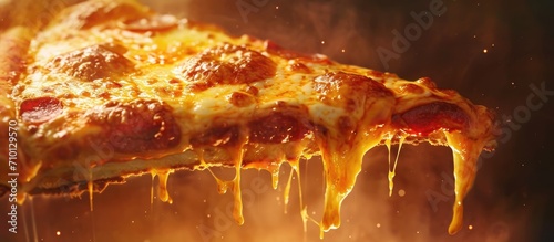 Pizza slice with dripping melted cheese.