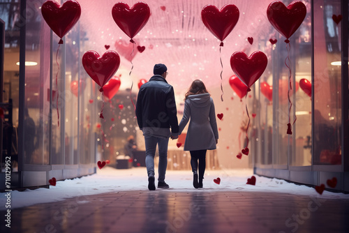 Couple in love, man and woman walking in distance through shopping mall among balls of hearts on valentine's day © tatsiana502