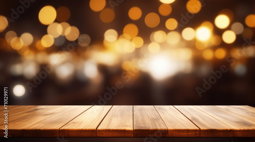 Wooden table with soft, blurred lights in background. Perfect for adding warm and cozy atmosphere to any setting.