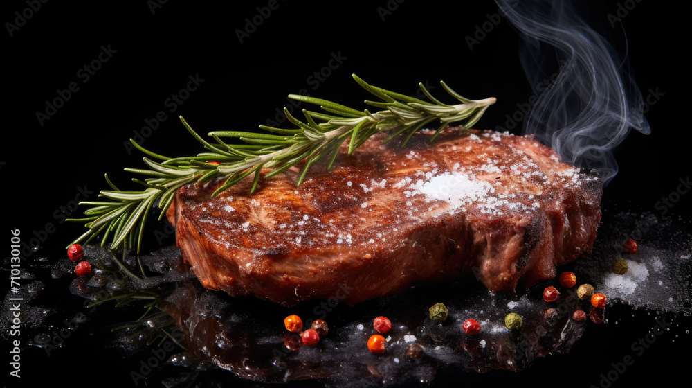 Piece of meat with sprig of rosemary. Perfect for showcasing delicious and aromatic meal. Piece of meat with sprig of rosemary. Perfect for showcasing delicious and aromatic meal.