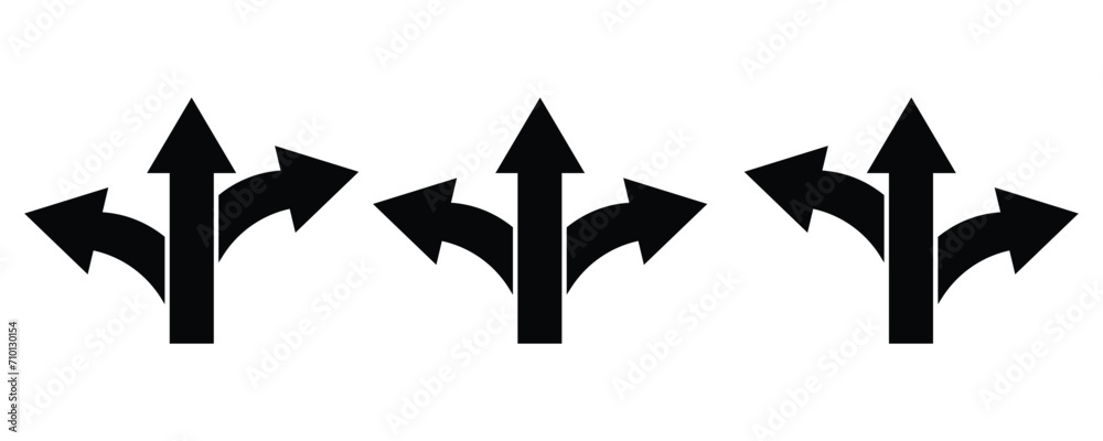 Three way arrow, three directional arrow vector isolated on white. - obrazy, fototapety, plakaty 
