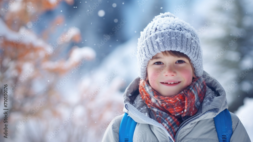 Young boy wearing hat and scarf stands in snow. Perfect for winter-themed designs and holiday projects.