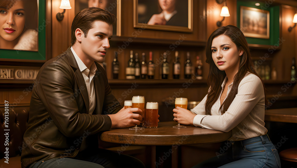 Couple, Sitting at a Table in a Pub, on Saint Patty's Day, Having a Good Time, Drinking Beer. Couple, Sitting at a Table in a Pub, on Saint Patty's Day, Having a Good Time, Drinking Beer.