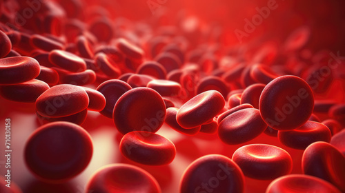 Close-up view of group of red blood cells flowing through vein. This image can be used to illustrate circulatory system or medical concepts. photo