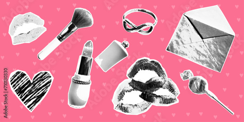 Set of halftone style elements, cute collage girly elements. Stickers cut out from a magazine in the style of 00x, Y2K.