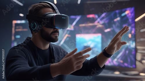 man wearing a pair of vr virtual headset in the metaverse