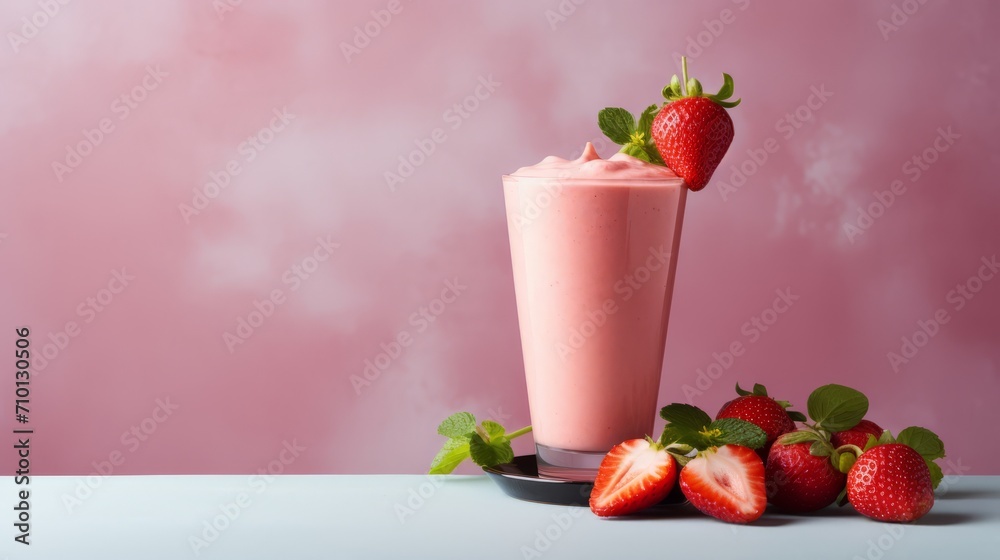 Fruit Smoothie with Strawberry and strawberry in the glass, fresh strawberries and Strawberry. Horizontal banner. Minimalism. Food photography. Horizontal format Fruit Smoothie with Strawberry and strawberry in the glass, fresh strawberries and Strawberry. Horizontal banner. Minimalism. Food photography. Horizontal format