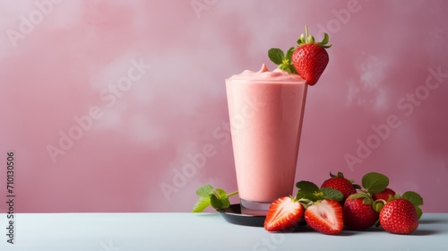 Fruit Smoothie with Strawberry and strawberry in the glass, fresh strawberries and Strawberry. Horizontal banner. Minimalism. Food photography. Horizontal format