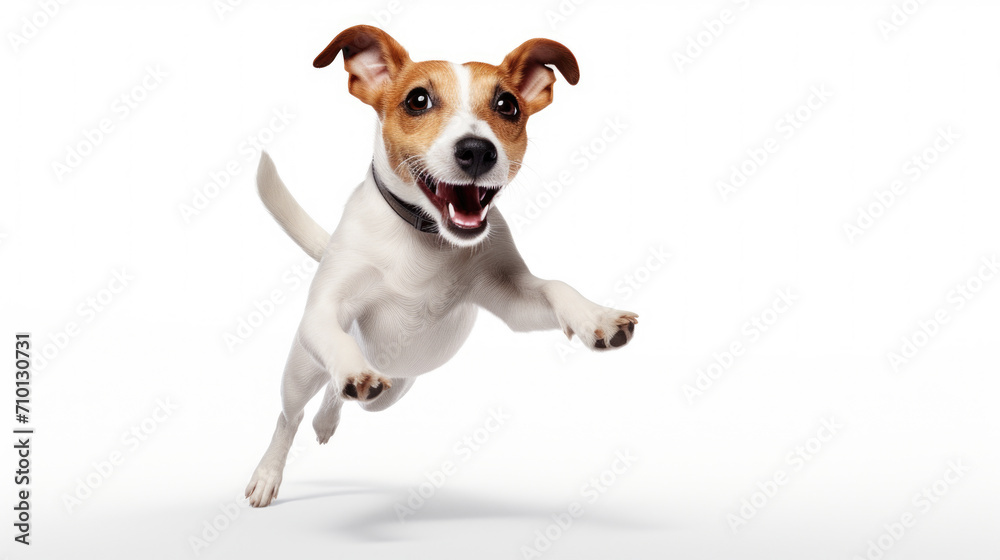 Dog captured in mid-air, jumping with its mouth wide open. Perfect for action shots and capturing joyful spirit of pets.
