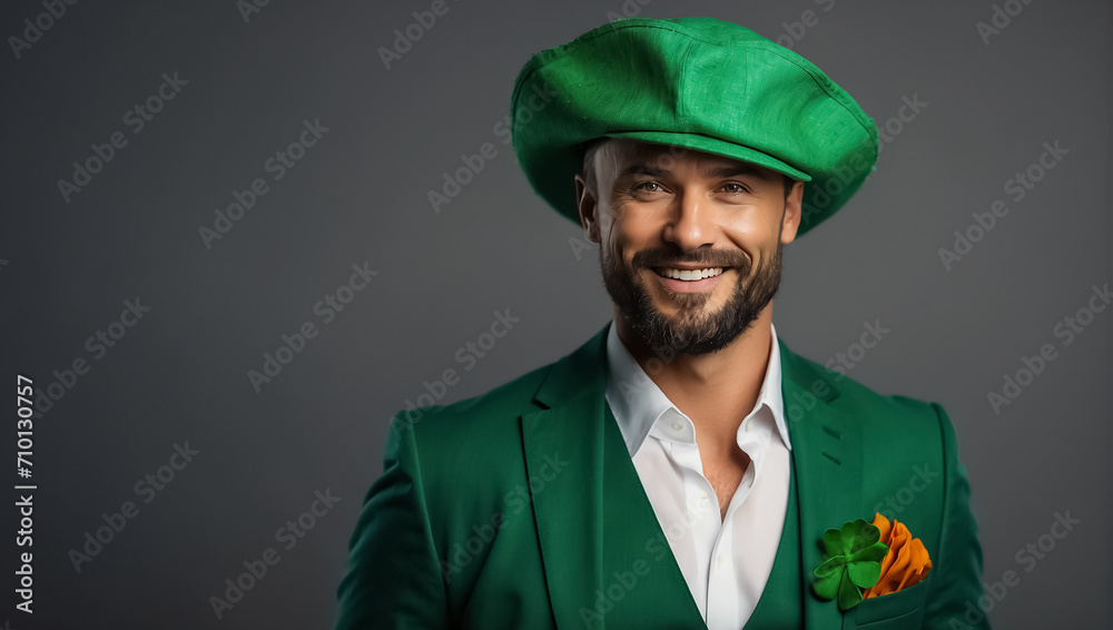 Stylish happy man in green hat and green clothes greeting