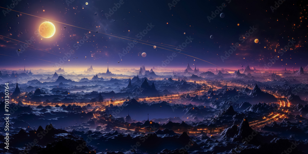 Mystical landscape with ancient temples and stars. 3D rendering