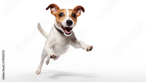 Dog captured in mid-air, jumping with its mouth wide open. Perfect for action shots and capturing joyful spirit of pets.