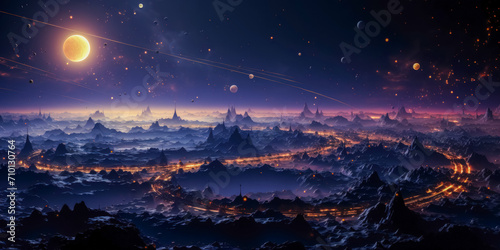 Mystical landscape with ancient temples and stars. 3D rendering