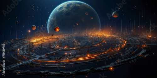 Futuristic space landscape with planets and stars. 3d rendering. 