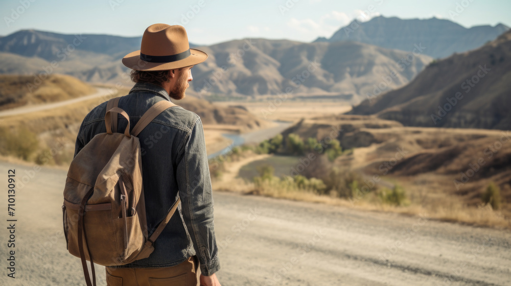 Man wearing hat and carrying backpack walks along road. Suitable for travel, adventure, and outdoor themes. Man wearing hat and carrying backpack walks along road. Suitable for travel, adventure, and outdoor themes.