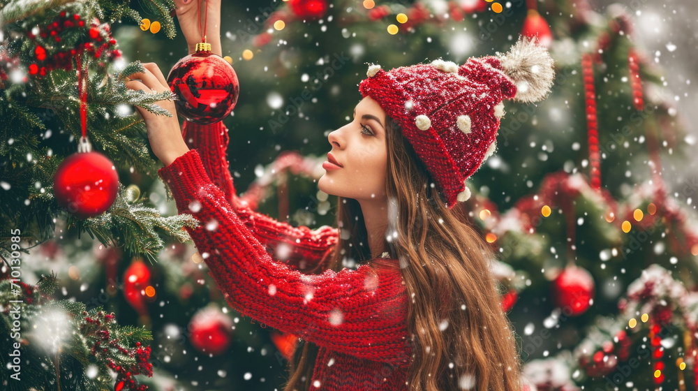 Woman is seen decorating Christmas tree in snowy outdoors. This image can be used to capture festive spirit and joy of holiday preparations.