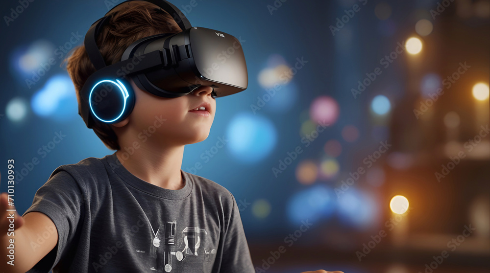 a boy wearing a pair of vr virtual headset in the metaverse a boy wearing a pair of vr virtual headset in the metaverse