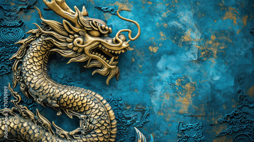 Majestic gold dragon displayed against vibrant blue wall. Ideal for fantasy-themed designs and decorations.