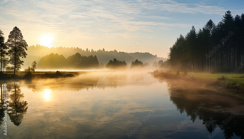 Sunset over the forest, reflecting in tranquil pond generated by AI Sunset over the forest, reflecting in tranquil pond generated by AI