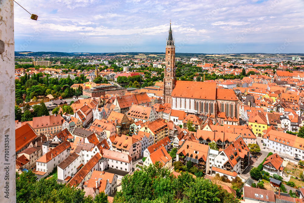 Panoramic view, aerial skyline of Landshut in Bavaria. Saint Martin cathedral, Martinskirch in old town and cathedrals, architecture, roofs of houses, streets landscape, Landshut, Germany.