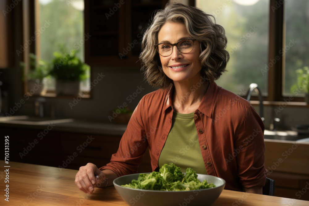 Woman is sitting at table with bowl of salad. This image can be used to promote healthy eating and lifestyle.