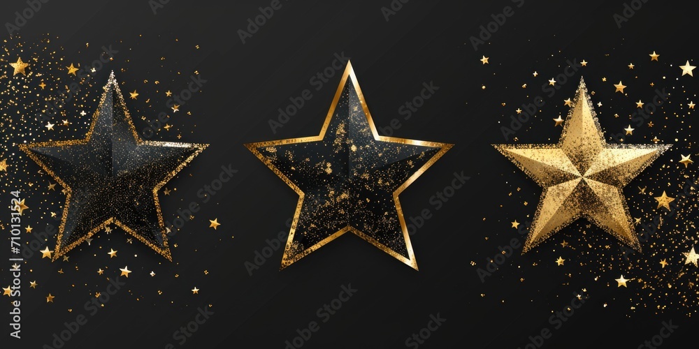 Three gold stars against a black background. Perfect for awards, celebrations, and special occasions Three gold stars against a black background. Perfect for awards, celebrations, and special occasions