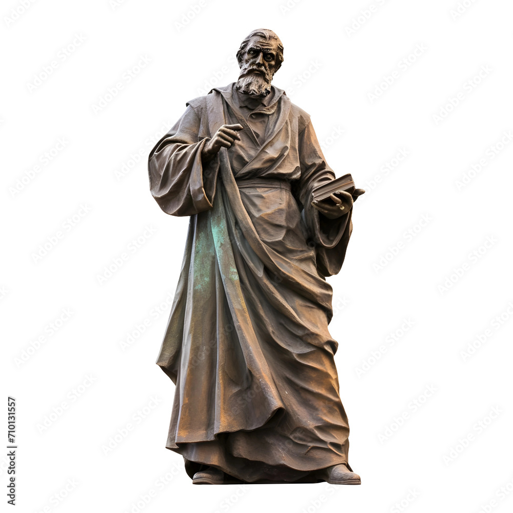 Old weathered standing Philosopher statue, isolated on white and transparent background