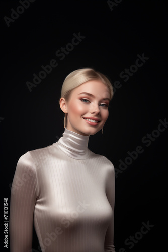 model woman in white glittery turtleneck 