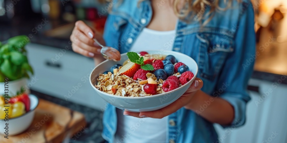 A woman holding a bowl of cereal and fruit. Ideal for breakfast or healthy eating concepts - obrazy, fototapety, plakaty 