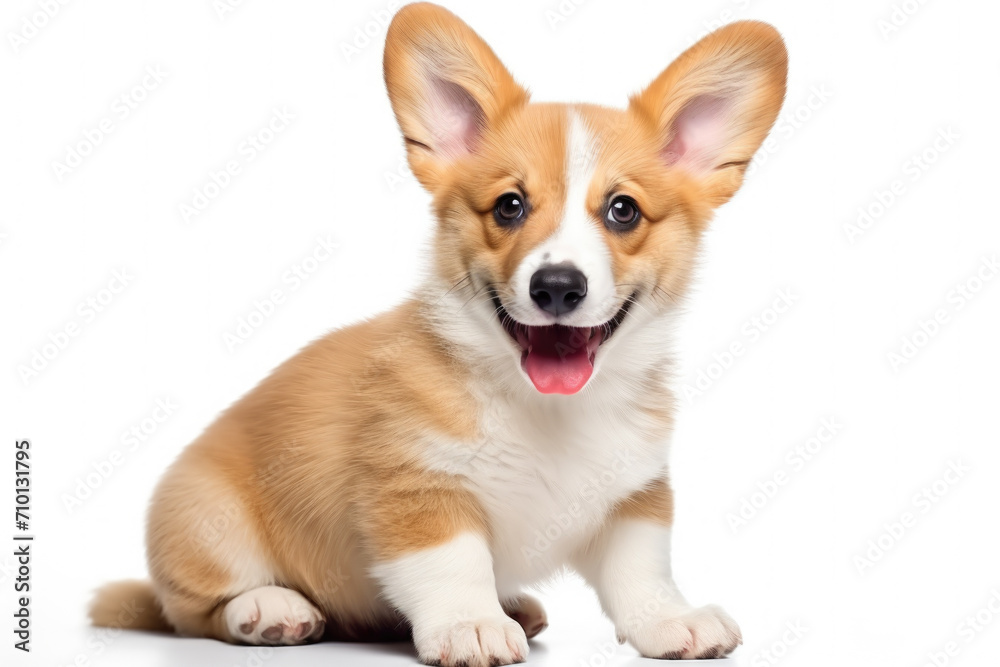 Small brown and white dog sitting on white surface. Can be used to depict pet dog or as symbol of loyalty and companionship.