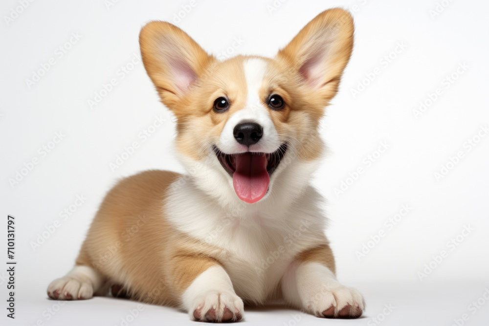 Brown and white dog is pictured laying down with its mouth open. This image can be used to depict relaxation or playful moment with pet.