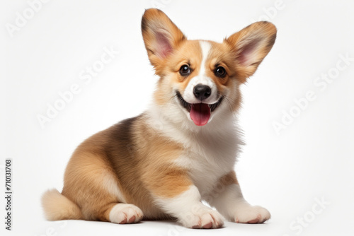 Brown and white dog sitting on top of white floor. Suitable for pet-related content.