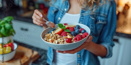 A woman holding a bowl of cereal and fruit. Ideal for breakfast or healthy eating concepts photo