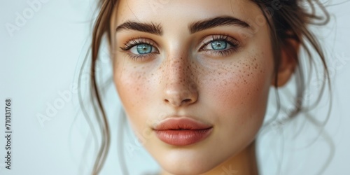 A detailed close-up shot of a woman with freckles on her face. Perfect for beauty, skincare, and natural makeup themes