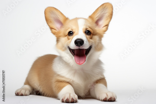 Brown and white dog is pictured laying down with its mouth open. This image can be used to depict relaxation or playful moment with pet. © vefimov