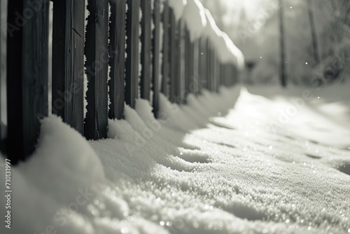 A black and white photo capturing snow on a fence. Suitable for winter-themed designs