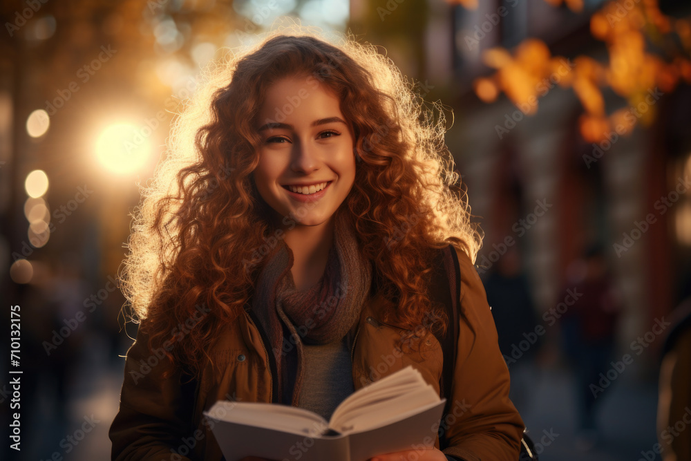 Woman is captured with smile on her face as she enjoys reading book. This image can be used to depict joy and relaxation that comes from reading. Woman is captured with smile on her face as she enjoys reading book. This image can be used to depict joy and relaxation that comes from reading.