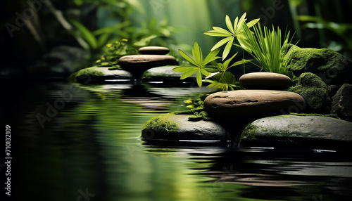 Green leaves on stone, water flowing, nature beauty generated by AI