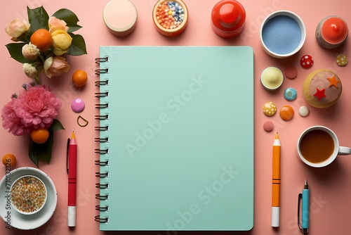 Top view capturing the vibrancy of school notebooks and markers on a pastel pink tabletop