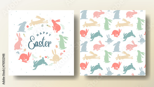 Set of Easter greeting card and seamless pattern with bunnies, spring template. Happy Easter
